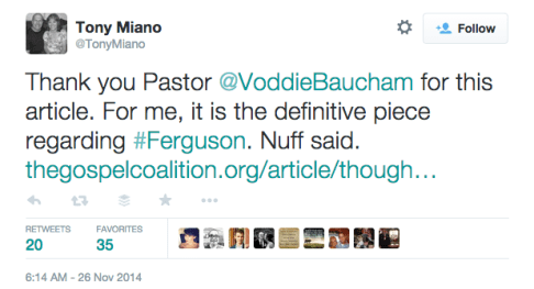 Tony Miano on Twitter   Thank you Pastor  VoddieBaucham for this article. For me  it is the definitive piece regarding  Ferguson. Nuff said. http   t.co KNvR2ZmuFZ