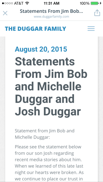 Josh Duggar sex scandal, statement, Jim Bob and Michelle Duggar, 19 kids and counting