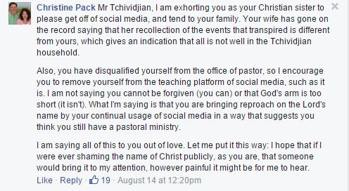 Christine Pack rebukes Tullian Tchividjian