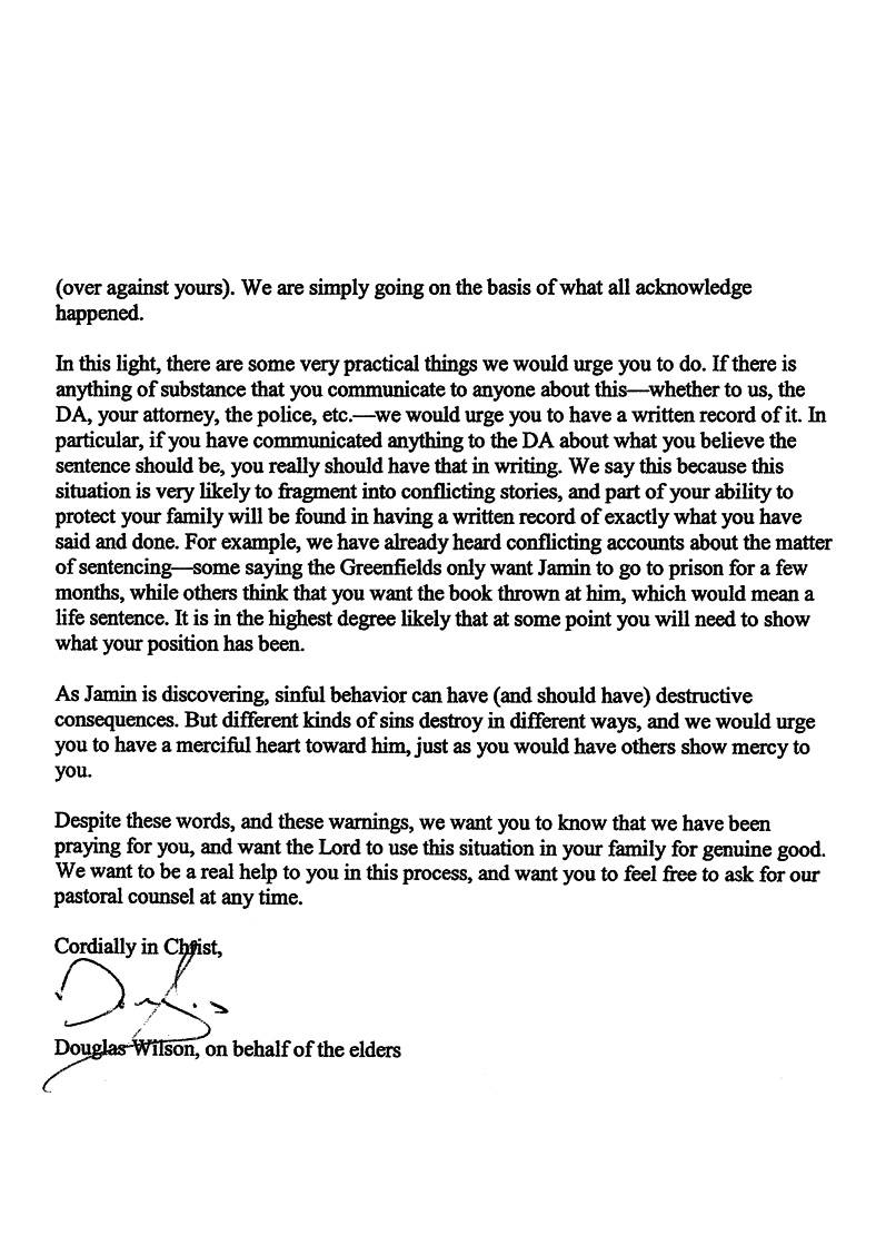 Natalie Doug Wilson letter pedophile