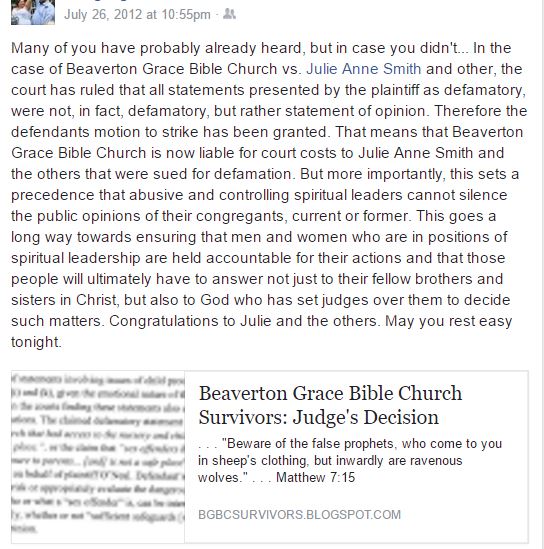 Chuck O'Neal, Beaverton Grace Bible Church, spiritual abuse, defamation lawsuit, spiritual bullies