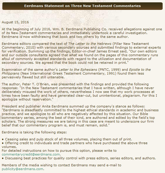 Eerdmans Statement on Three New Testament Commentaries ~ August 15, 2016